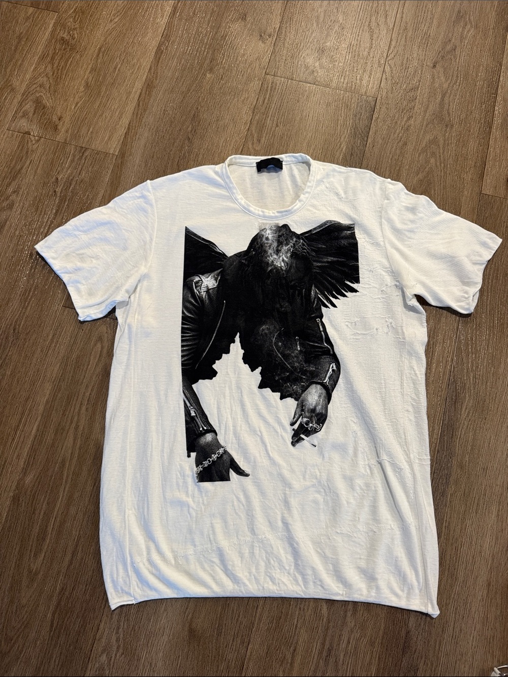 White Short-Sleeve Graphic Tee with Black Artistic Print